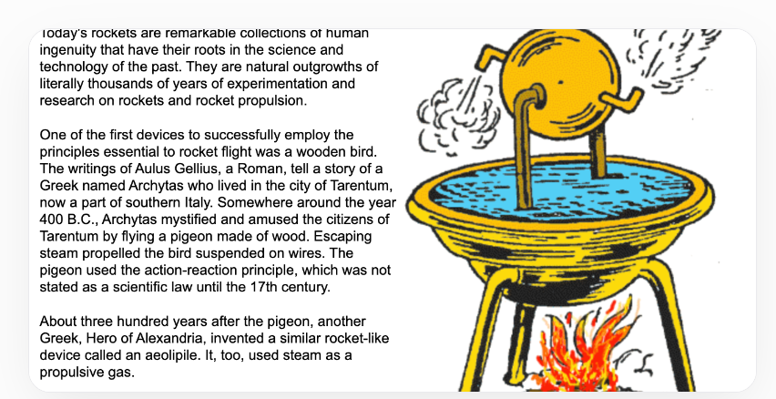 Early rocket principles: Archytas’s steam bird and Hero’s aeolipile